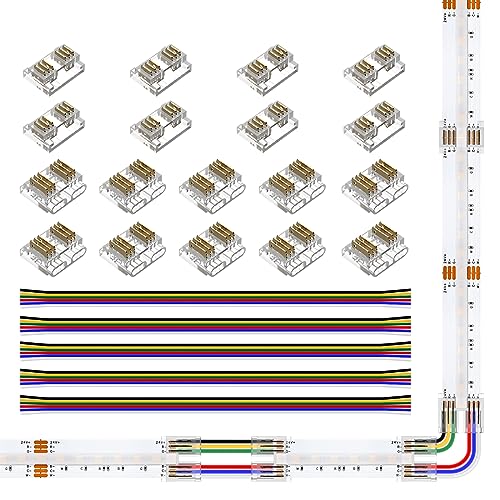 SEZO Kit de Connecteurs LED FCOB RGBCCT de bande 6 broches 12mm Connecteur d'angle LED 18 connecteurs transparents sans soudure carte à carte/carte à fil + 5 câbles d'extension 24 AWG de 15cm