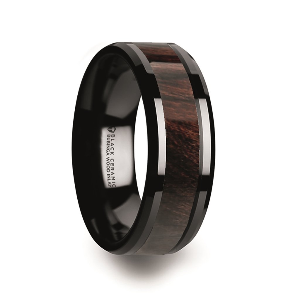 ThorstenBenny - Black Ceramic Wedding Ring Band Flat Style with Bubinga Wood Inlay & Polished Beveled Edges - 8mm
