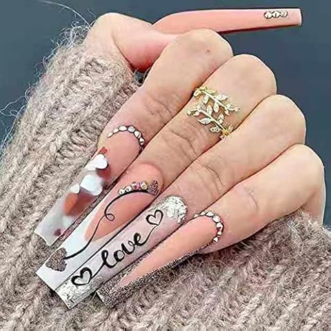 JUSTOTRY 24 Stück Press on Nails Lang,Nude Ballerina Künstliche Nägel mit Herz Design, Acryl Kunstnägel Nägel Zum Aufkleben Cover