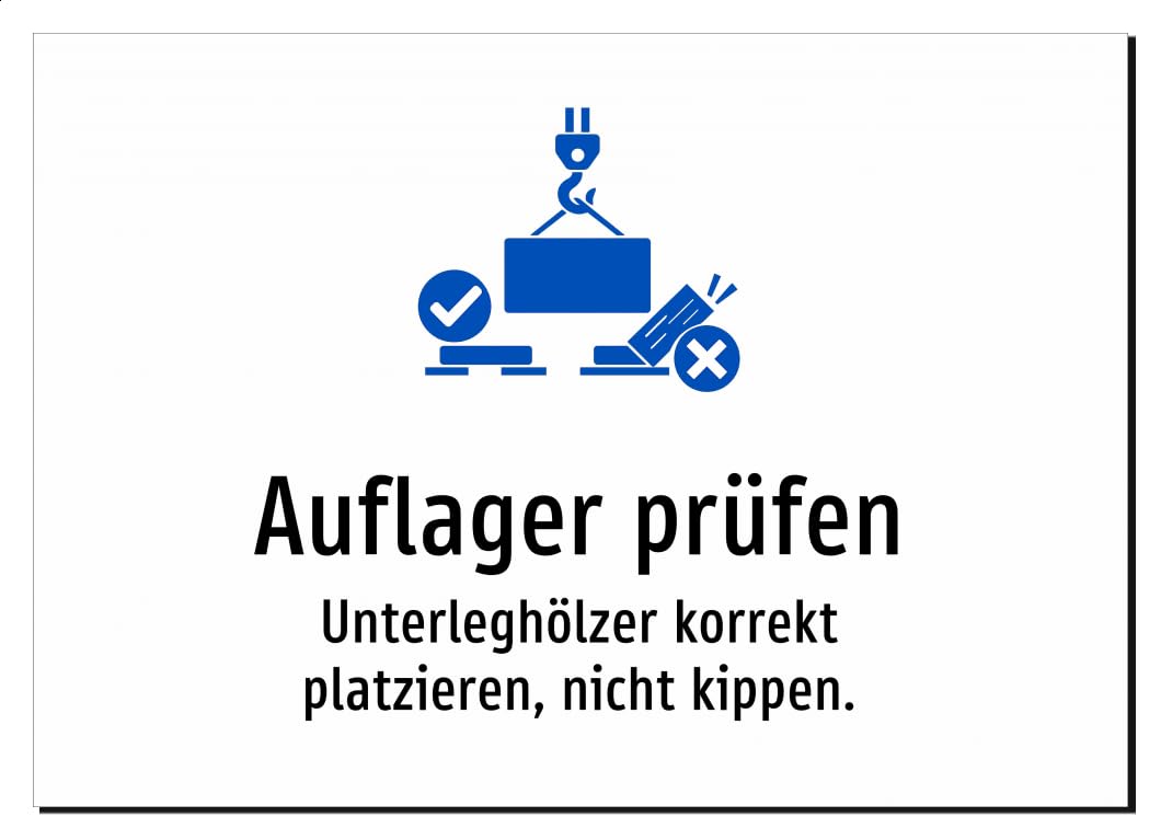 36411-DE-S-13 | Auflager prüfen - Unterleghölzer korrekt platzieren, | Aufkleber A2, 594 x 420mm | mit Symbolgrafik und Text