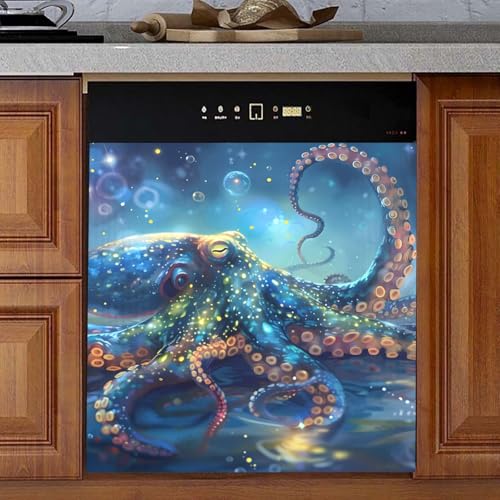 Octopus Blue Dishwasher Magnet Cover Dishwasher Sticker Magnet Cover, Refrigerator Magnet Decal Panels 23” x 26”