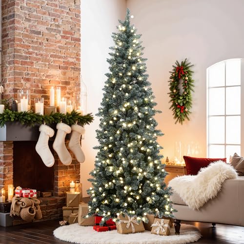 LuxenHome 7.5FT Slim Christmas Tree, Remoted 4 Brighting Level Green