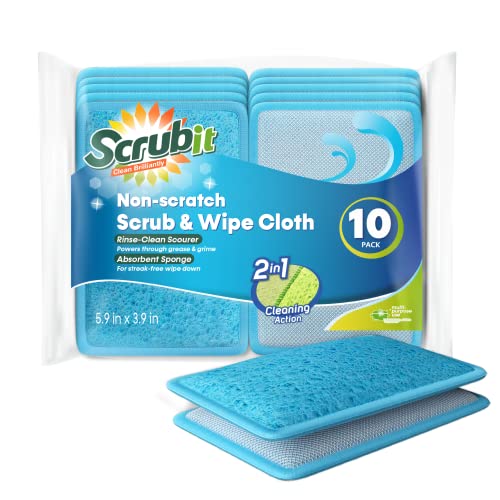 Scrub And Wipe Cleaning Sponges [10 Pack] – Scrubit Dual Sided Scouring Pad And Sponge - Reusable Kitchen Scrubbing Sponges For Dishes, Pots, Pans Utensils & Non-Stick Cookware (Blue) #TOP17