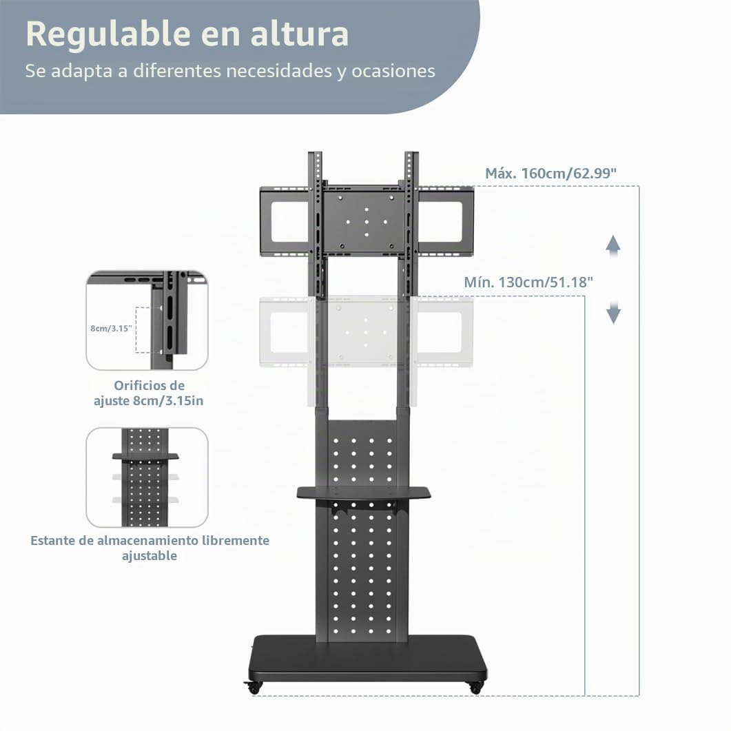 UNHO Soporte TV Ruedas 32-65 Pulgadas, Ajuste Horizontal y Vertical de 90° | Soporte TV Pie para LED LCD con 2 Estantes, Altura Ajustable, Carga 50kg, VESA 600x400 mm, para Salón, Oficinas y Ferias