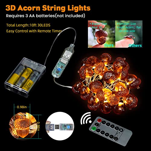 Thanksgiving Décor 3D Acorn Decorations Autumn Décor String Lights, Acorn Fall Harvest Decorative Lights 10Ft 30Led Usb Plug In Battery Operated For Bedroom Garland Fireplace Mantel Wreath Decor #TOP1