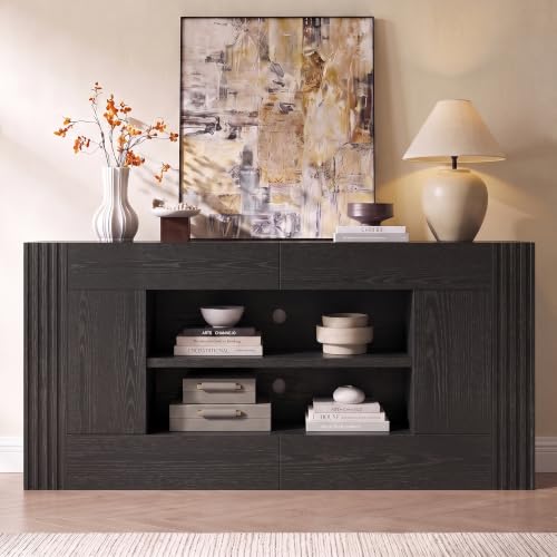 OneBlis Modern 70" TV Stand for TVs up to 80", Sturdy Entertainment Center with 2 Drawers & 2 Side Cabinets, Media Console with Large Open Storage for Living Room, Black by OneBlis - Used condition - Image 8