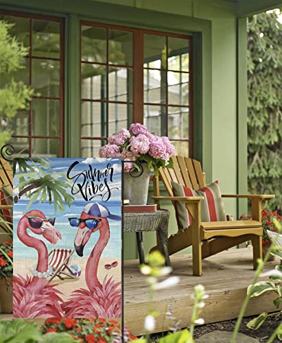 Summer Flamingo Garden Flag For Outside 12X18 Double Sided,Cartoon Flamingo On The Beach Small Yard Flags,Seasonal Decorations For Farmhouse Holiday Spring Outdoor #TOP3
