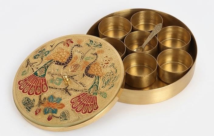 Premium Handcrafted Brass Spice Box with Peacock Meenakari Lid – Indian Masala Dabba with 7 Containers & Spoon – Authentic Kitchen Decor & Gourmet Spice Organizer