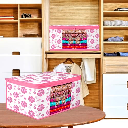 Image of Kuber Industries Zip Closure Saree Cover Bag | Clothes Storage Bag | Wardrobe Organiser | Transparent Window| Flower-Design | 9 inch | Pack of 3 | Pink