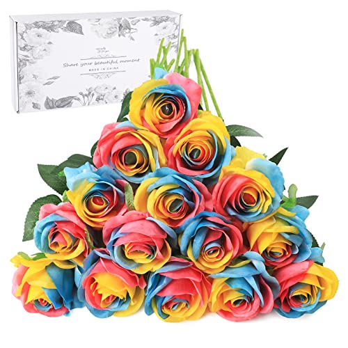 Deorok 16Pcs Artificial Roses With Box Silk Flowers Fake Roses Real Touch Bouquet Long Stem For Home Wedding Party Garden Decoration（Rainbow1） #TOP5