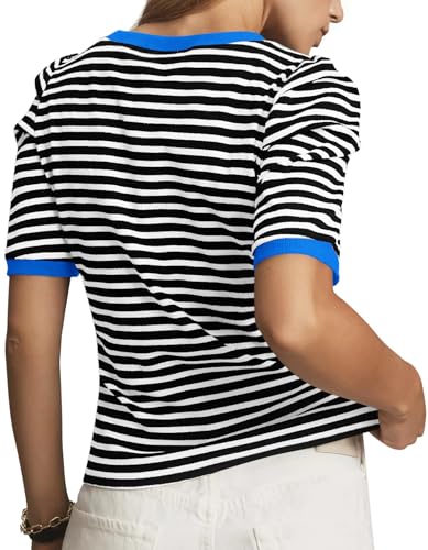 Tankaneo Womens Short Puff Sleeve Tops Trendy Striped Color Block T Shirts Crewneck Casual Shirts4