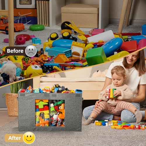NETANY Clear Window Toy Box & Toy Chest with Lid - Large Toy Storage Organizer, CollapsibleToy Bin with Mesh Pockets for Boys, Girls, Playroom,Living Room Area Organization 25\"x13\" x16\" (Linen Gray) - Thumbnail 4