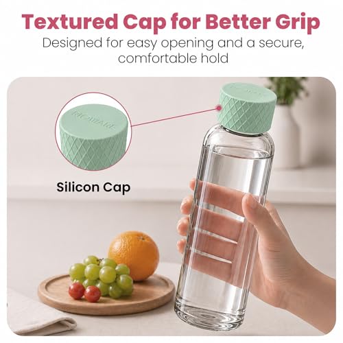 Image of Rioware Glass Water Bottle 1 Litre | Airtight lid | Leak Proof | Silicon Cap | Fridge Water Bottles for Home, Office & Gym (1 Ltr- Pack Of 2, Green)