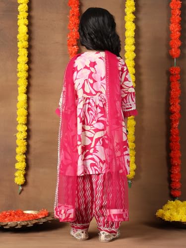 Image of superminis Girls Cotton Floral Printed Kurti Palazzo Style Salwar Set With Net Dupatta Kids Ethnic Wear Set