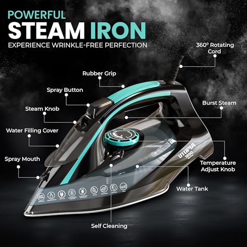 Utopia Home 1800W Steam Iron with Non-Stick Soleplate & Auto-Off Safety - Adjustable Thermostat, Variable Steam, Self-Clean, 8ft Cord (Black/Teal)