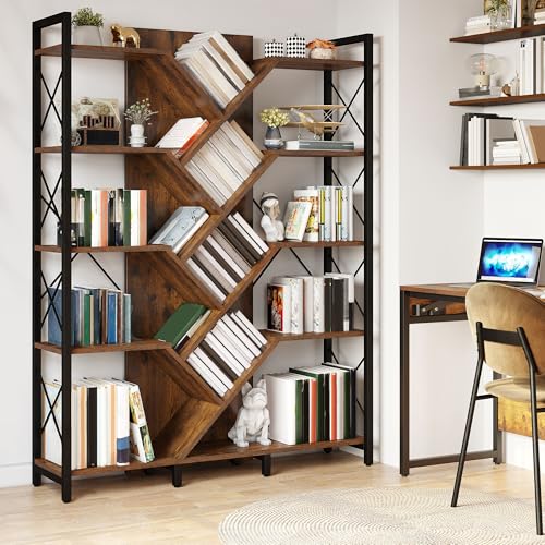 DWVO Industrial Tree Bookshelf, Large 5 Tier Bookcase Tall Standing Book Shelves Organizer Display Rack for Living Room Home Office, Rustic Brown
