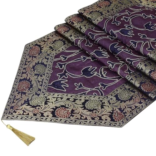 Image of Festival Decor Floral Ari Zari Embroidered Brocade Silk Premium Dining Table Runner Table Cloth Bed Runner (16x72 inches) for 6-Seater (Purple)