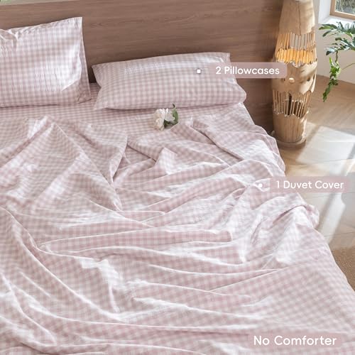 Image of MooMee Gingham Duvet Cover Set 100% Washed Cotton Linen Like Textured Breathable Durable Soft Comfy Modern Checkered Design (Classic Gingham Greyish Pink, Cal King 104 inchx98 inch)