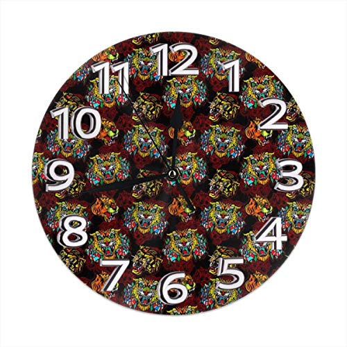 ANGYANG Horloge Murale Têtes De Tigres Et Fleurs Roses Horloge Murale Ronde Silencieuse Non Coutil 9,84 Pouces Horloge Murale Décorative pour Salon Cuisine