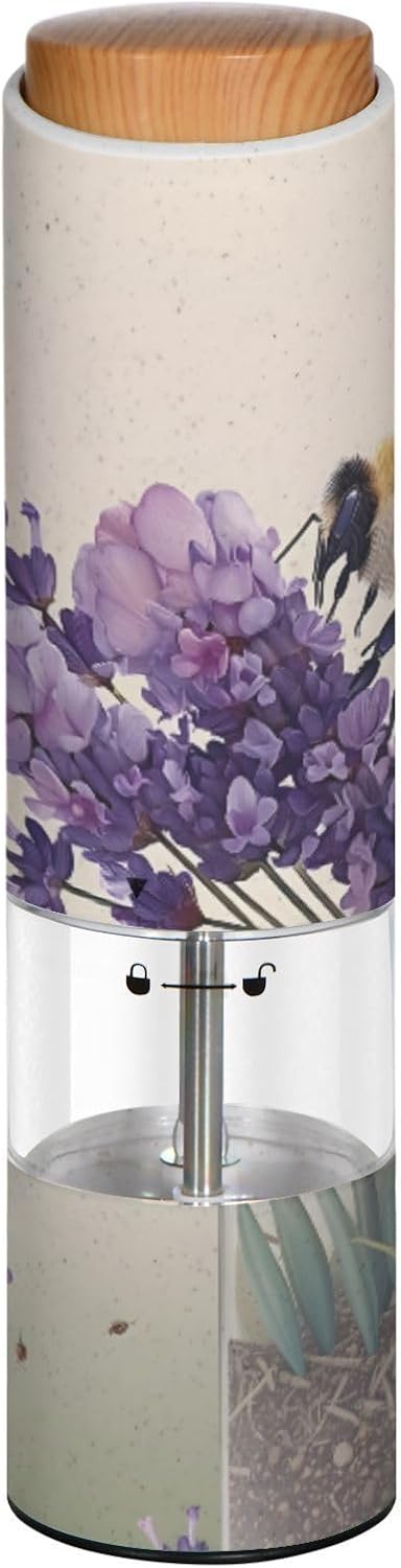 ALAZA Electric Pepper Grinder with Adjustable Coarseness, Lavender Bee Purple Flower Battery Automatic Salt and Pepper Mill with Led, One-Handed Operation Spice Grinder for Kitchen, Camping & BBQ