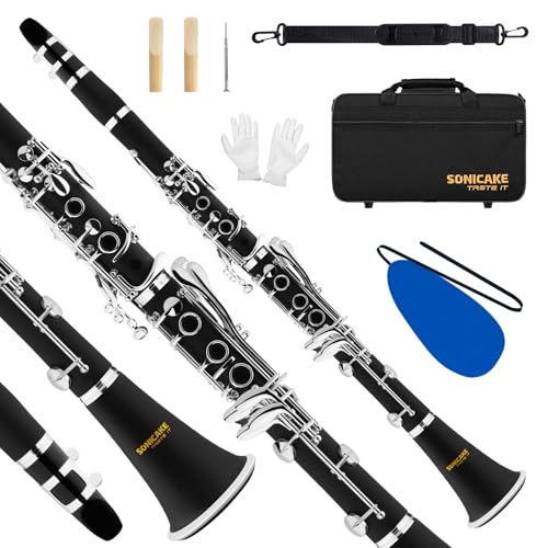SONICAKE Bb Clarinete para Principiantes, Clarinete de Ebonita Niquelado con Barriles, Cañas, Boquilla Original, Estuche Rígido QCR-01
