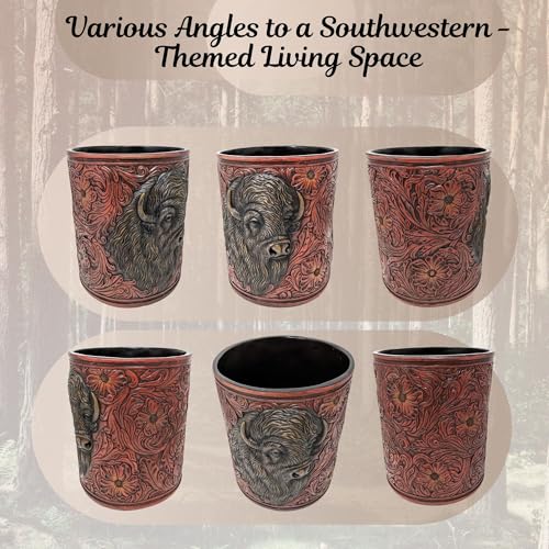 Image of BestGiftEver Faux Tooled Leather Trash Bin with Bison Bust Accent - Southwest Decorative Resin Wastebasket - Ideal for Ranch Farmhouse Enthusiasts