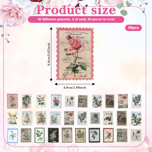 60 PCS Vintage Postage Stamp Stickers, Retro Stamps for Scrapbooking Aesthetic Botanical Decorative Stickers Vintage Postage Stamps for Junk Journal Planners Notebooks DIY Crafts Water Bottles Laptop