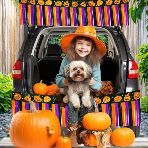 Image of 4 Packs 10 Feet Long Foil Fringe Halloween Garland Orange Purple Black Tinsel Metallic Streamers Pumpkin Wall Hanging Banner for Car Parade Floats Table Skirts Indoor Party Decorations
