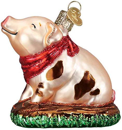 Old World Christmas Piggy in The Puddle - Pink Glass Blown Ornament for Christmas Tree, Handcrafted Holiday Decoration, Farm Animal Collection