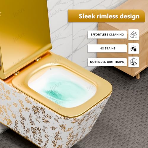 Image of InArt Ceramic Wall Hung Toilet Commode, Gold Rimless, Soft Close, P-Trap | Compact square design, size 53 x 36 x 35 cm, suitable for concealed flush tank