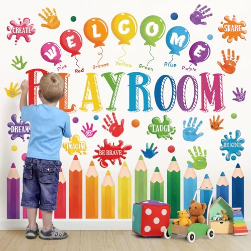 wondever - wondever Kids Playroom Wall Decals Colorful Pencil Welcome Inspirational Quotes Handprint Peel and Stick Wall Stickers for Kids Room Elementary School Teacher Classroom Wall Decor