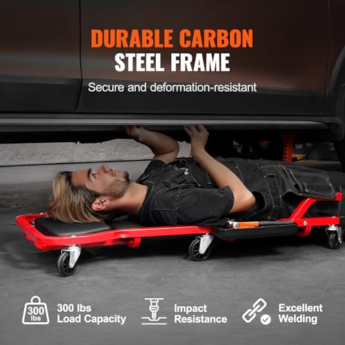 VEVOR Mechanic Garage Creeper, 44-Inch, 300 lbs Capacity Automotive Rolling Creeper with 6 Casters Adjustable Cushioned Headrest Tool Tray, Heavy Duty Steel Frame for Garages, Repair Shops, and DIY - Image 4