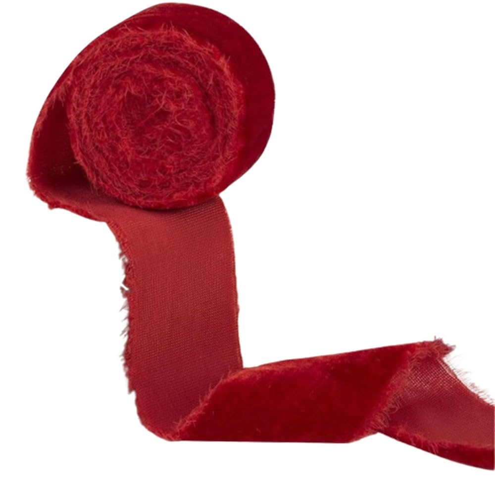 WEITINGKKK Ribbons for Gift Wrapping, 1.5 Yards/Roll Frayed Velvet Ribbon 4cm, Hand Torn Multicolor with Raw Edge, Silk(Red)