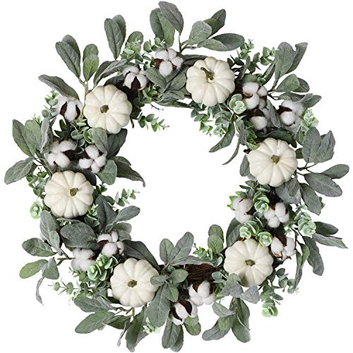 WANNA-CUL 24 inch Farmhouse Fall Wreath Decoration for Front Door with White Pumpkin, Lamb's Ear and Eucalyptus Leaves, Harvest Door Wreath for Autumn or Thanksgiving Decor
