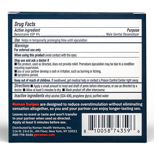 Roman Swipes | Fast-Acting, Convenient, Over-The-Counter Wipes Increase Stamina, Formulated With 4% Benzocaine, Features Discreet Packaging | 2-Pack #TOP6