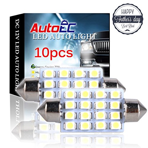 AutoEC Bombilla Interior de Coche, Festón Lámpara Luz Blanca 42mm-3528 / 1210-16 SMD-6000k - w5w , Usado para Domo de su Coche y Luz de Lectura, Set de Lámparas para Coches de 10 Pack [Clase de eficiencia energética A]