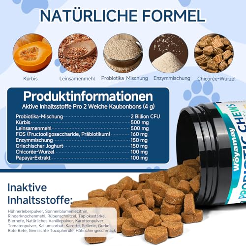 Woyamay Probiotika für Hunde – 200 Weiche Kausnacks Mit Hühnergeschmack, Zur Unterstützung der Verdauung und des Allgemeinen Wohlbefindens, Mit Ausgewogener Darmflora und Fellpflege für Alle Hunde