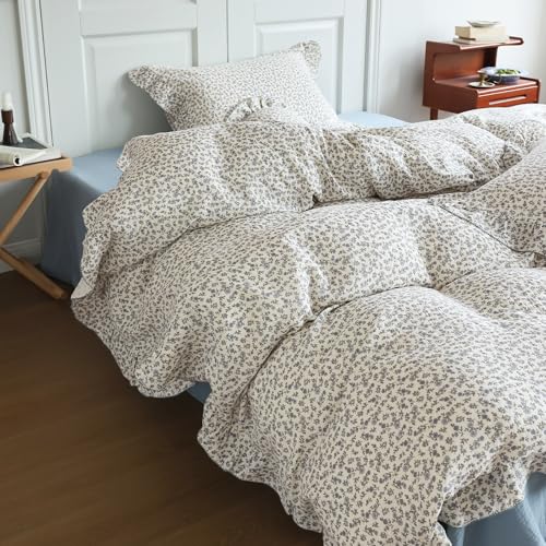 Image of BuLuTu Blue Floral Print Duvet Cover Full Bed Comforter Cover 79 inchx90 inch, Cotton Muslin Quilt Cover with Ruffles Chic Princess Bedding Duvet Cover with Zipper, No Pillow Cases /Filling