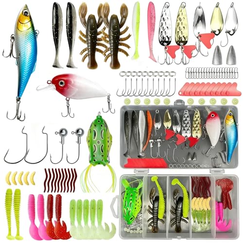 Wihozte Angeln Köder Set mit Köderbox, 107 Stück Angelköder Set mit Wobbler Löffelblinker Spinner Jigs Haken & Zubehör, Professionelles Angelzubehör für Süß- & Salzwasser