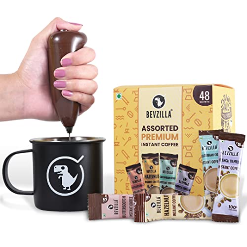 Image of Bevzilla Combo Of Instant Coffee 48 Sachets box, Mug & Frother | 48 Sachets (Assorted) | 350 ML Enamel Coffee Mug| Arabica Coffee| English Butterscotch, French Vanilla, Turkish Hazelnut & Colombian Gold Flavours