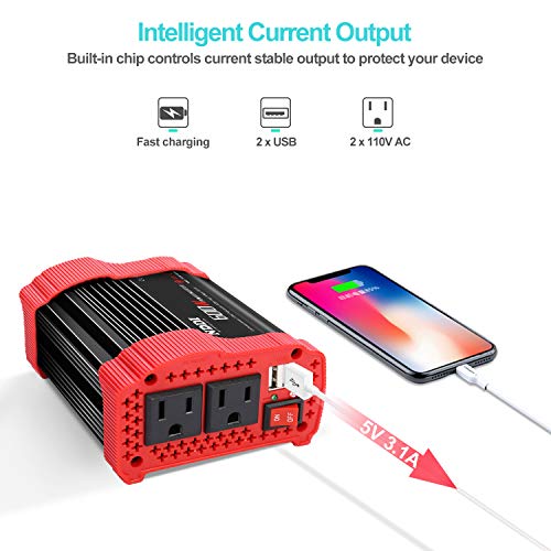 NDDI 600W Car Power Inverter 12V DC to 110V AC Converter with 3.1 A Dual USB Quick Car Charger Adapter