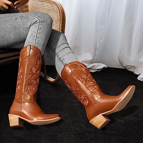 Goserce Women's Western Cowboy Cowgirl Boots Floral Embroidery Pointed Toe Mid Calf Chunky Heel 2.5" Pull-On Fashion Boots Brown，12 #TOP6