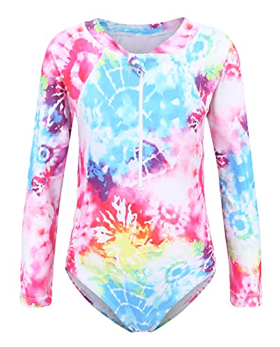 Aisyee Girls One Piece Swimsuits Long Sleeve Rash Guard Kids Hawaiian Bathing Suit UPF 50+ Swim Shirts 3-16 Years