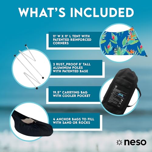 Image of Neso Gigante Portable Beach Tent Sun Shelter - Lightweight Beach Shade Canopy - Easy Setup for Family Outings - Patented Reinforced Corners - UPF 50+ - 8ft Tall, 11 x 11ft - Tropical Floral