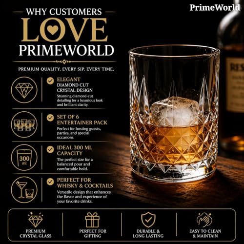 Image of PrimeWorld Diamond Rome Cut Crystal Whiskey Glasses Set of 6 pcs- 300 ml Bar Glass for Drinking Bourbon, Whisky, Scotch, Cocktails, Cognac- Old Fashioned Cocktail Tumblers