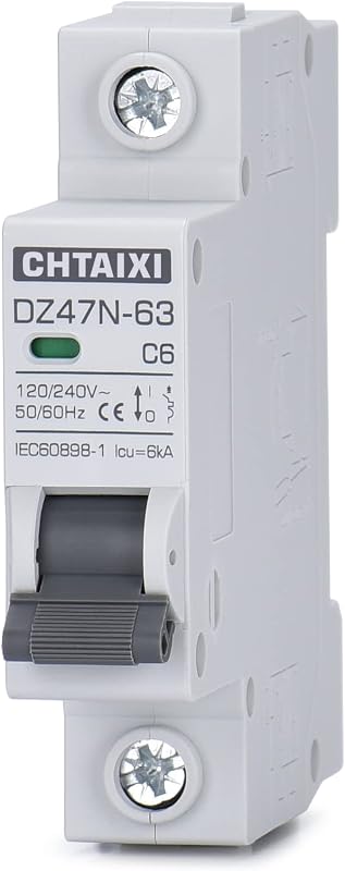 AC Miniature Circuit Breaker, 6 Amp 120V/240V 1 Pole | DIN Rail Mount, Thermal Magnetic Trip, Solar AC Disconnect Switch MCB C6