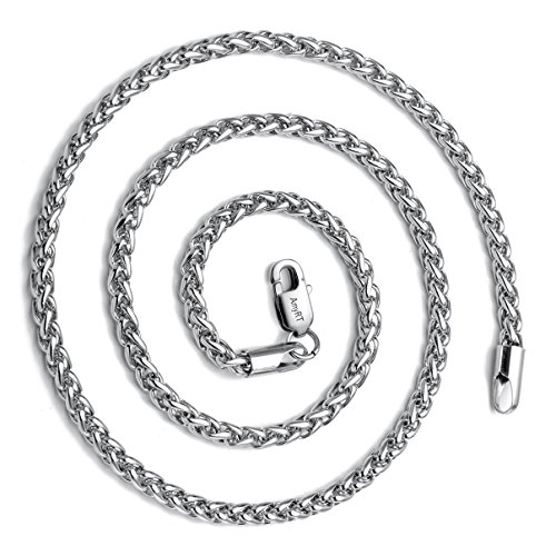 AmyRT Jewelry 3mm Titanium Steel Womens & Mens Silver Wheat Chain Necklace 24 Inches - Image 3