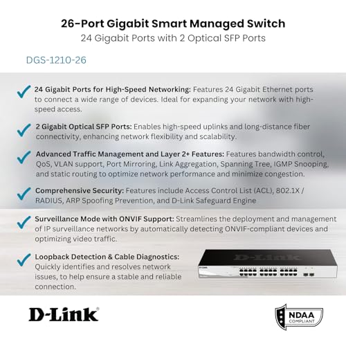 Image of D-Link 26-Port Gigabit Smart Managed Switch | 24 GbE + 2 SFP Ports | L2+ | VLANs | Cable Diagnostics | Web Managed | Desktop or Rackmount | Fanless | NDAA Compliant |Lifetime Warranty (DGS-1210-26)
