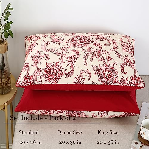 Winlife 100% Cotton Pillowcases 1000 Thread Count Floral Printed Pillow Cases Set Of 2 Pillow Cover (Queen 20X30'', Vintage Red) #TOP1