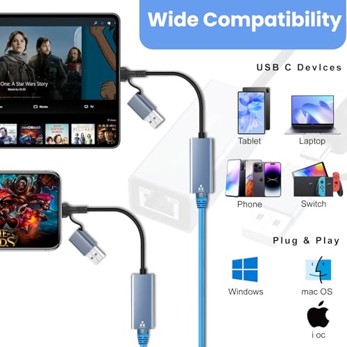 Image of USB C to Ethernet Adapter, USB 3.0 to RJ45 Gigabit LAN 1000 Mbps Wired Network, USB to Ethernet Adapter for Laptops /Tablet, Compatible with Windows XP, MAC OS, Linux, Vista 7 8 10 11